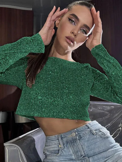 Glitter Sequin Crop top Female Long Sleeve Fashion Sexy Outfit T-shirt Solid Casual High Street Sparkle For Women Y2k Top
