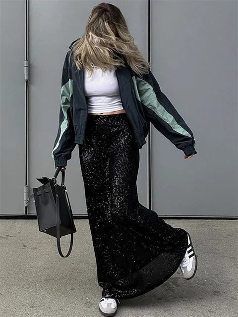 Glitter Sequin Crop top Female Long Sleeve Fashion Sexy Outfit T-shirt Solid Casual High Street Sparkle For Women Y2k Top