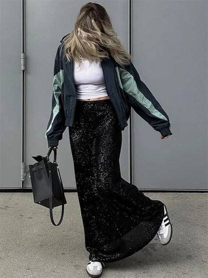 Glitter Sequin Crop top Female Long Sleeve Fashion Sexy Outfit T-shirt Solid Casual High Street Sparkle For Women Y2k Top