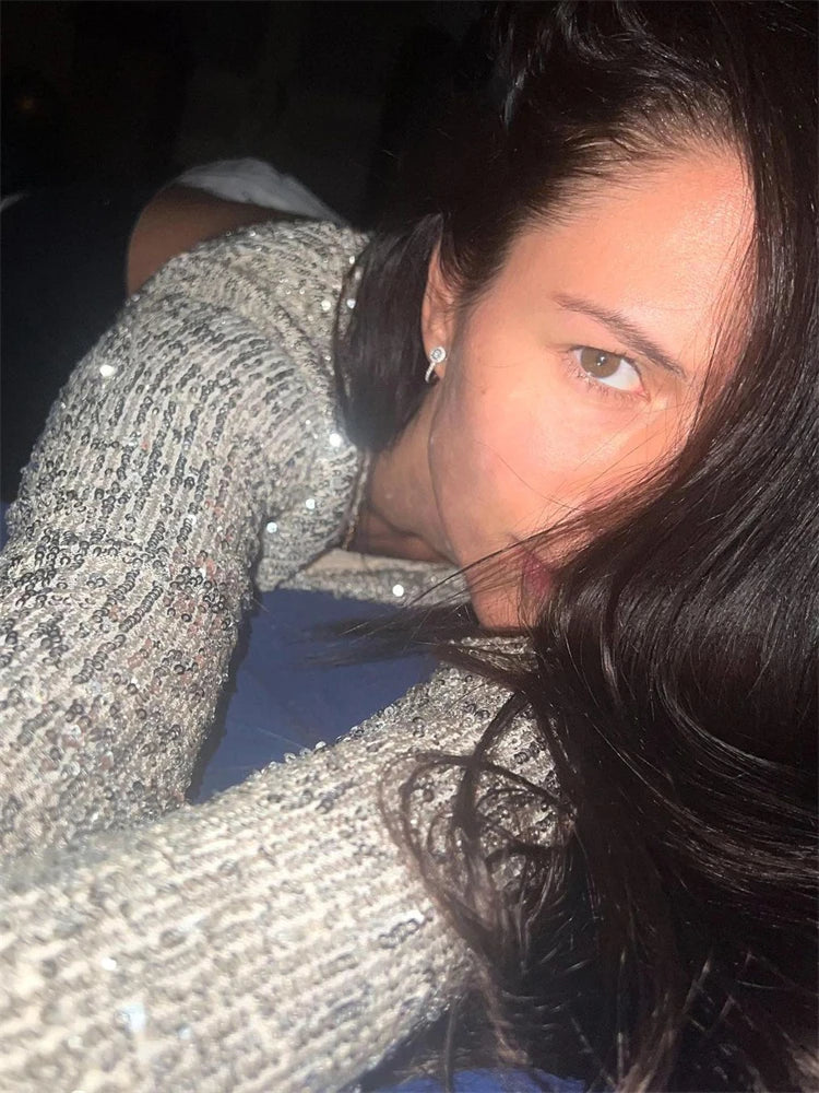 Glitter Sequin Crop top Female Long Sleeve Fashion Sexy Outfit T-shirt Solid Casual High Street Sparkle For Women Y2k Top