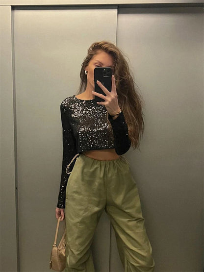 Glitter Sequin Crop top Female Long Sleeve Fashion Sexy Outfit T-shirt Solid Casual High Street Sparkle For Women Y2k Top