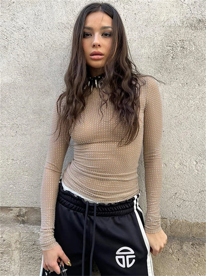 Glitter Sexy See-Through T-shirt Female Hollow Out Patchwork Long Sleeve Solid Sequin Pullover Top Women Sparkle Slim Tee