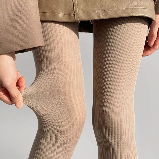 Knit Ribbed Pantyhose Women Sexy See-Through Stockings Black Striped Lace Tights Skinny Leggings