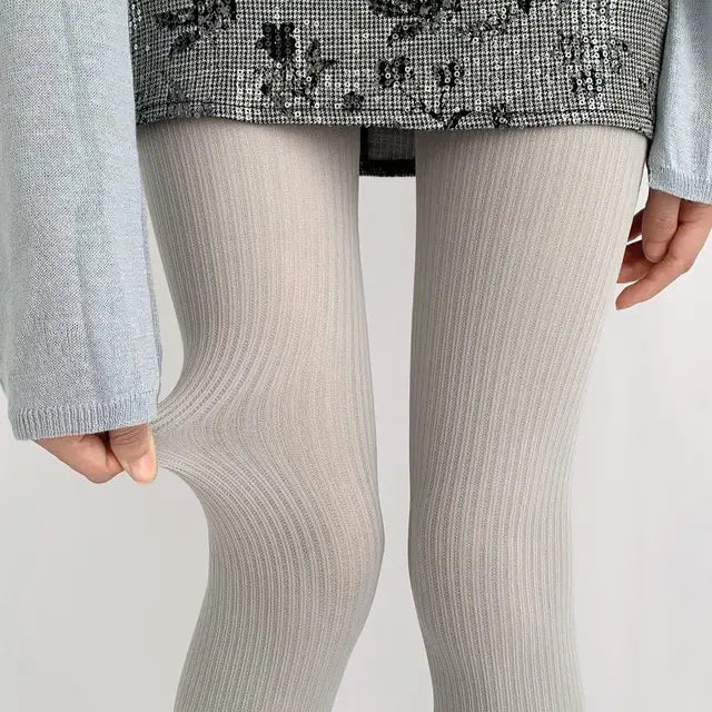 Knit Ribbed Pantyhose Women Sexy See-Through Stockings Black Striped Lace Tights Skinny Leggings