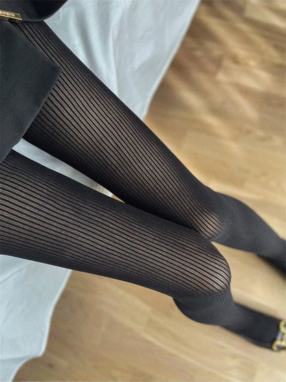 Knit Ribbed Pantyhose Women Sexy See-Through Stockings Black Striped Lace Tights Skinny Leggings