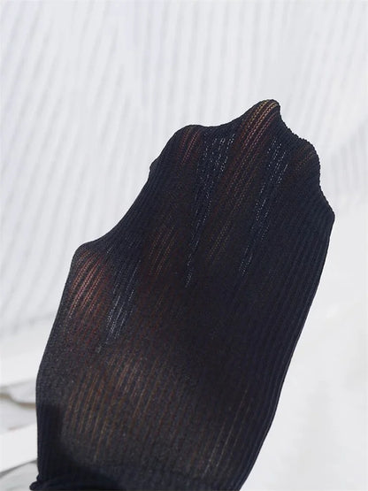 Knit Ribbed Pantyhose Women Sexy See-Through Stockings Black Striped Lace Tights Skinny Leggings