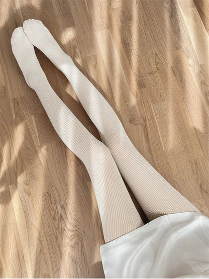 Knit Ribbed Pantyhose Women Sexy See-Through Stockings Black Striped Lace Tights Skinny Leggings