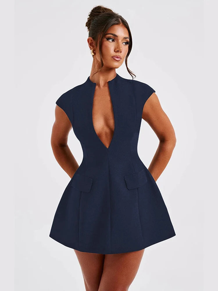 Slim Fit Short Dress Sexy Deep V Neck Dress Women Solid Color High Waist A-Line Fashion Lady Birthday Party Dresses 2025