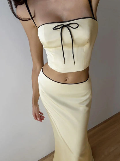 Women’s Solid Color Slim Fit With Exposed Navel Set Suspender Vest High Waisted Skirt Lady New Fashion Party Clothing 2025