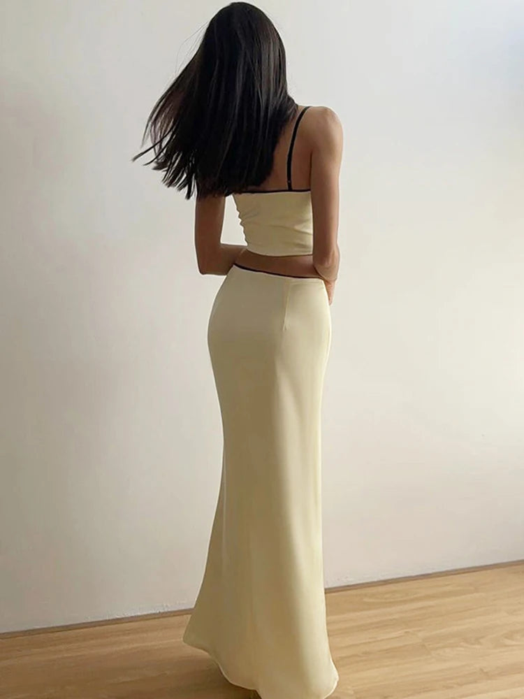 Women’s Solid Color Slim Fit With Exposed Navel Set Suspender Vest High Waisted Skirt Lady New Fashion Party Clothing 2025