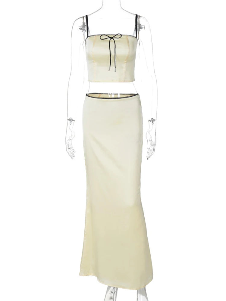 Women’s Solid Color Slim Fit With Exposed Navel Set Suspender Vest High Waisted Skirt Lady New Fashion Party Clothing 2025