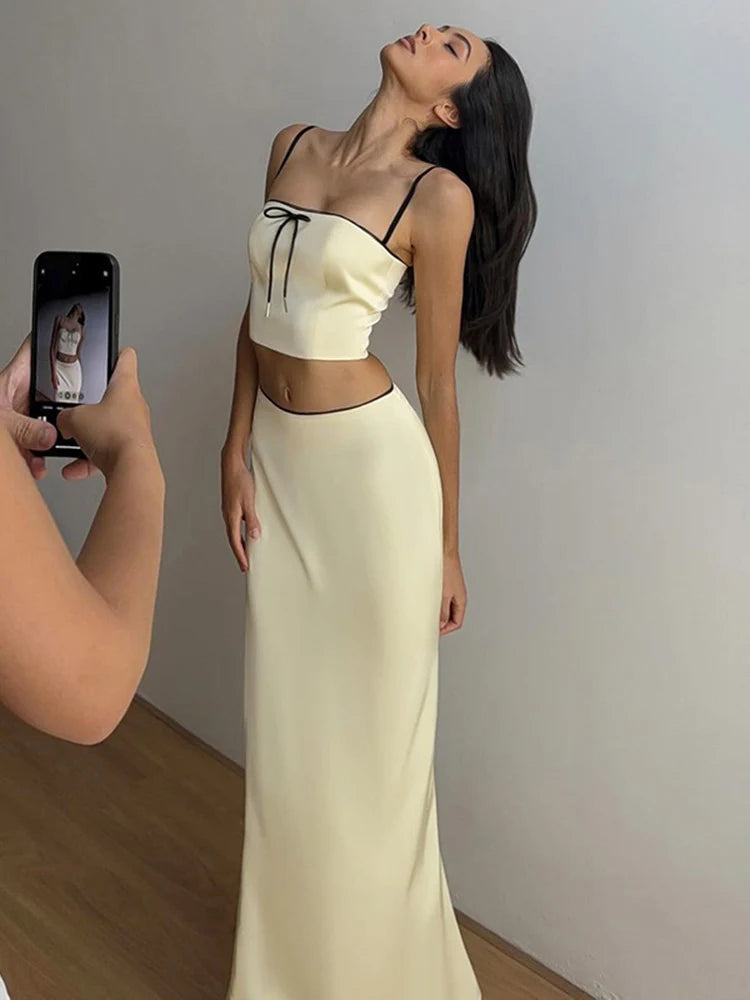 Women’s Solid Color Slim Fit With Exposed Navel Set Suspender Vest High Waisted Skirt Lady New Fashion Party Clothing 2025