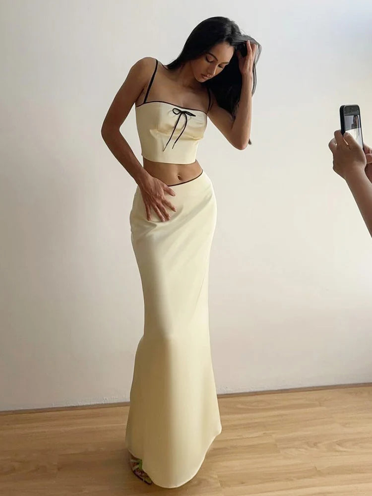 Women’s Solid Color Slim Fit With Exposed Navel Set Suspender Vest High Waisted Skirt Lady New Fashion Party Clothing 2025