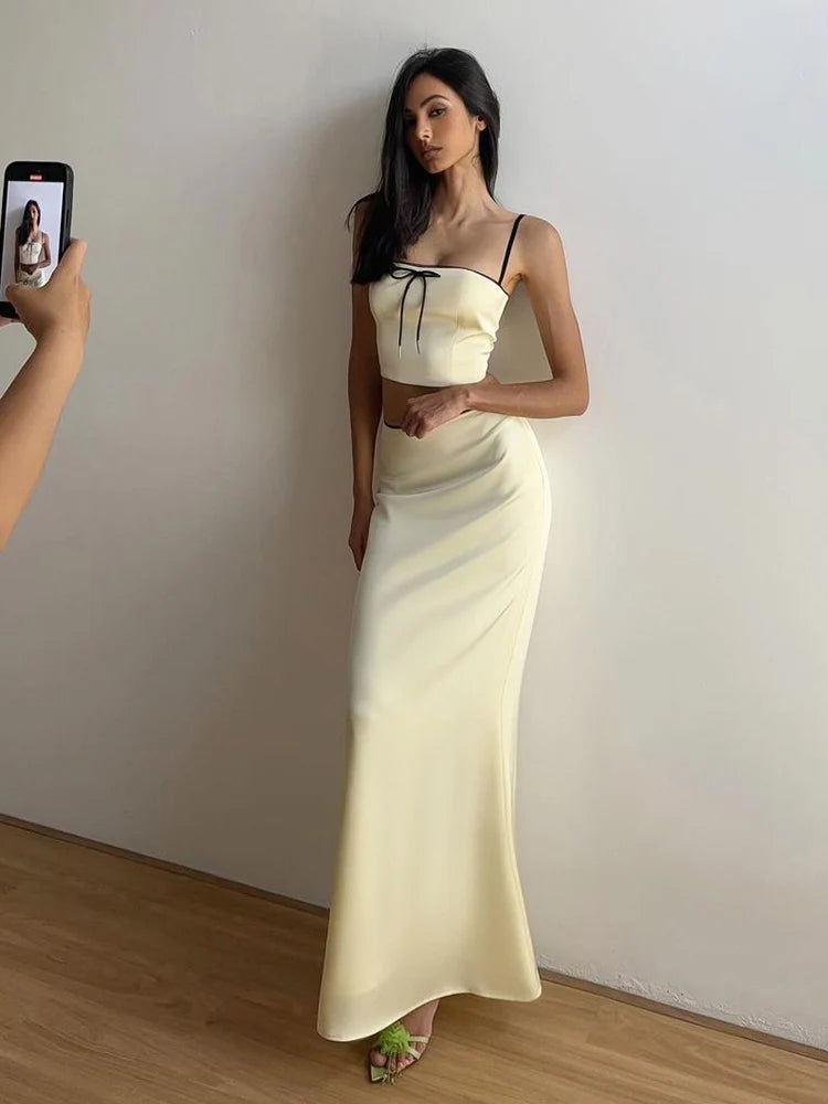 Women’s Solid Color Slim Fit With Exposed Navel Set Suspender Vest High Waisted Skirt Lady New Fashion Party Clothing 2025