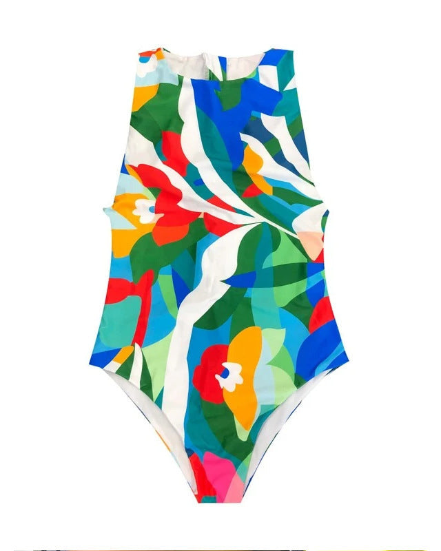 Vibrant Wave High-Neck One-Piece Swimsuit