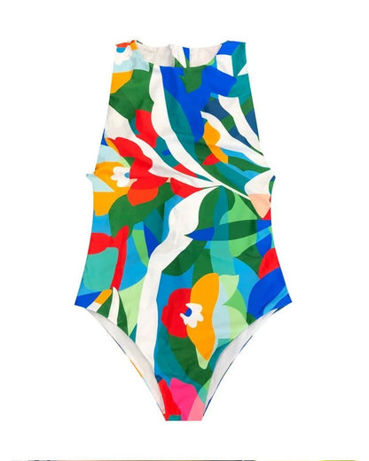 Vibrant Wave High-Neck One-Piece Swimsuit