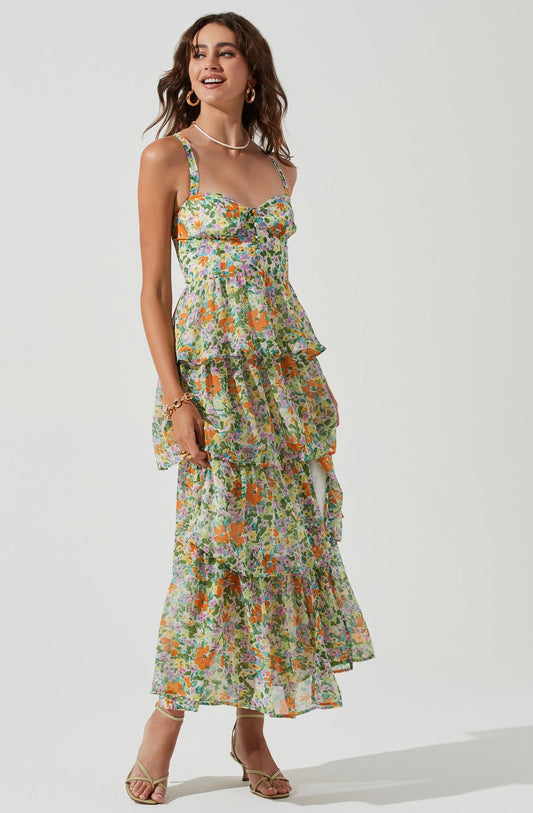 Vestido largo verde camisola con estampado floral, espalda descubierta y dobladillo escalonado 