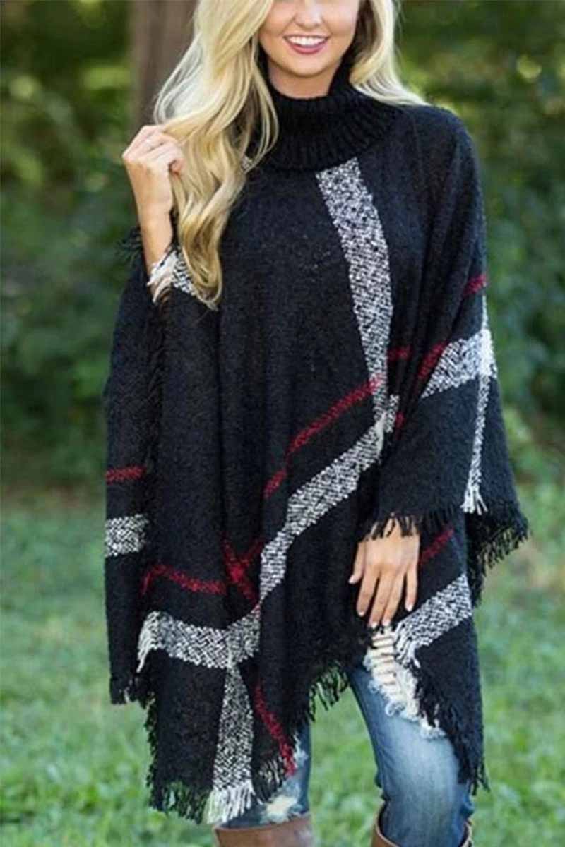 Knitted Contrast Tassel Cloak(5 Colors)