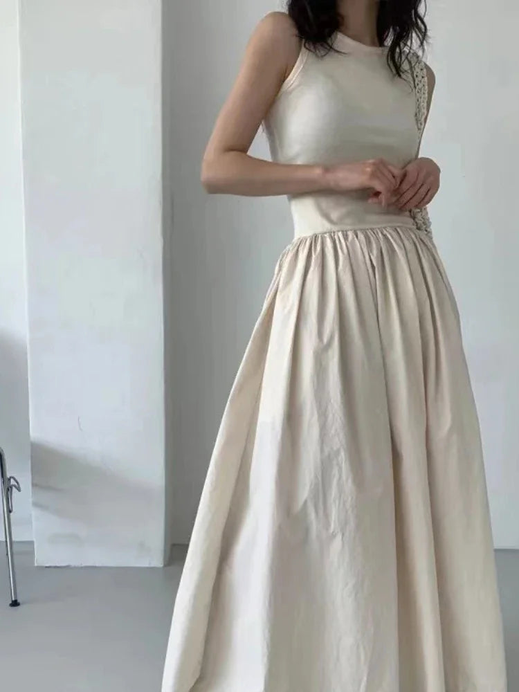 Women Elegant Long Dress Summer Sleeveless Korean Chic Dresses Ladies Vintage A Line Casual Long Robe Vestidos