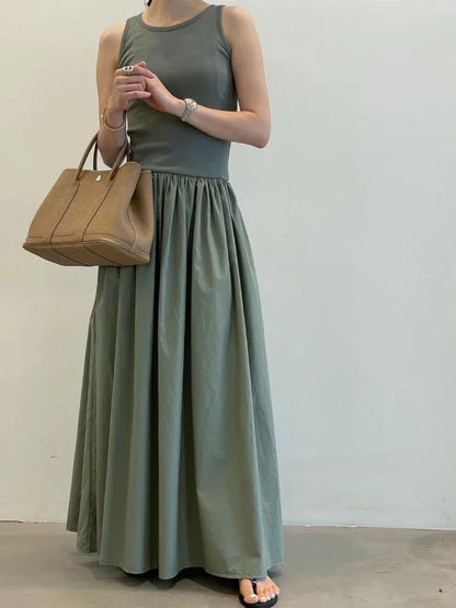 Women Elegant Long Dress Summer Sleeveless Korean Chic Dresses Ladies Vintage A Line Casual Long Robe Vestidos