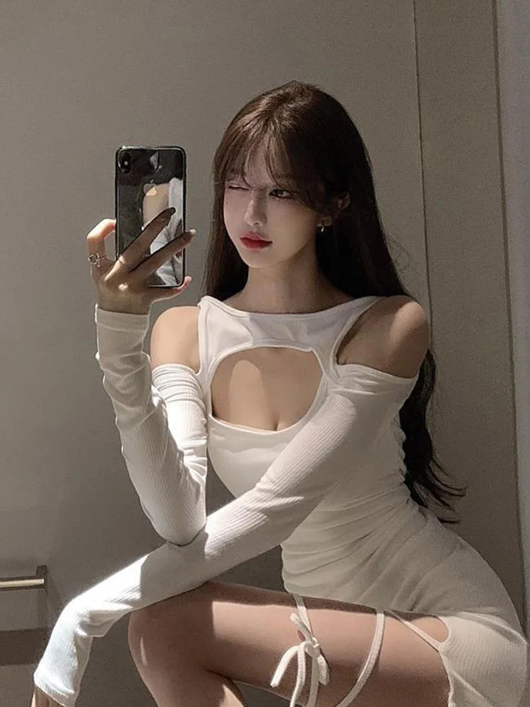 Women Mini Dress Lace Up Bandage Autumn Slim Long Sleeve Short Dresses Hot Sexy Hollow Out Elegant Vestidos Clothes 2025