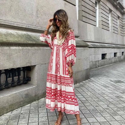 Vestido largo bohemio con mangas abullonadas para mujer, estilo vintage, elegante, informal, con estampado floral y cuello en V, holgado, para fiestas en la playa