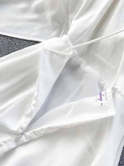 Vestido largo playero sexy de verano para mujer, elegante vestido blanco de fiesta de noche con escote en V y espalda descubierta de satén con vendaje para mujer.