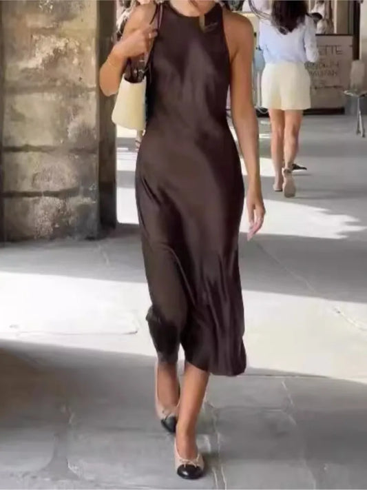 Vestido midi elegante de satén sin mangas para mujer, de moda, de color liso, con cuello redondo, ajustado, para fiesta callejera, 2025