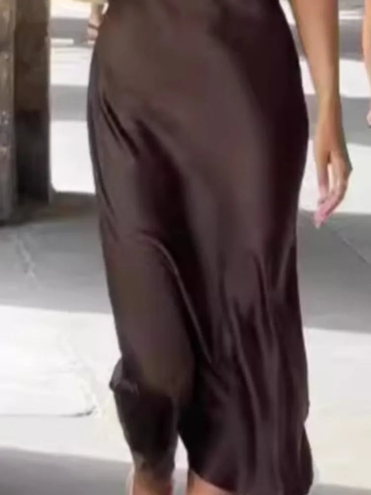 Vestido midi elegante de satén sin mangas para mujer, de moda, de color liso, con cuello redondo, ajustado, para fiesta callejera, 2025