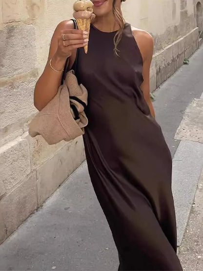 Vestido midi elegante de satén sin mangas para mujer, de moda, de color liso, con cuello redondo, ajustado, para fiesta callejera, 2025