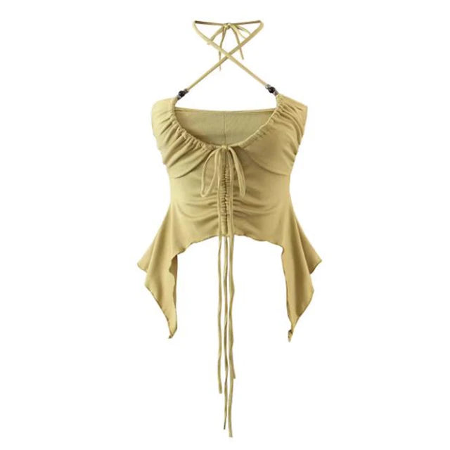 Camisola corta sexy punk con cordones para mujer, sin espalda, estilo veraniego, para discoteca, color negro, Y2K