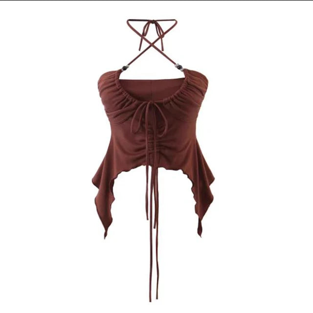 Camisola corta sexy punk con cordones para mujer, sin espalda, estilo veraniego, para discoteca, color negro, Y2K