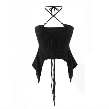Camisola corta sexy punk con cordones para mujer, sin espalda, estilo veraniego, para discoteca, color negro, Y2K