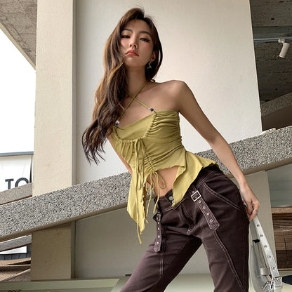 Camisola corta sexy punk con cordones para mujer, sin espalda, estilo veraniego, para discoteca, color negro, Y2K