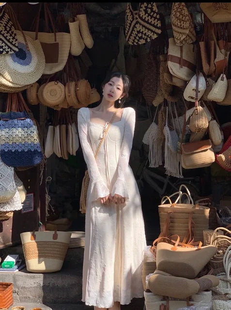 Women’s Solid Midi Dress Flare Sleeves Square Collar A-Line Lace Up Autumn Spring French Elegant Vintage Prom Robe Vestidos New