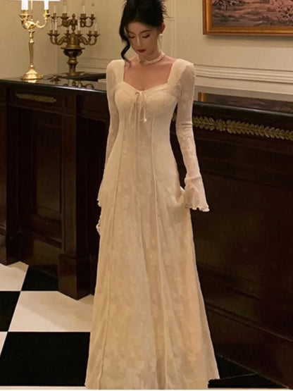 Women’s Solid Midi Dress Flare Sleeves Square Collar A-Line Lace Up Autumn Spring French Elegant Vintage Prom Robe Vestidos New