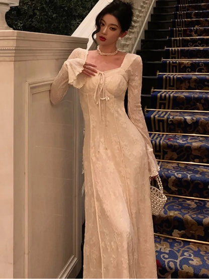 Women’s Solid Midi Dress Flare Sleeves Square Collar A-Line Lace Up Autumn Spring French Elegant Vintage Prom Robe Vestidos New