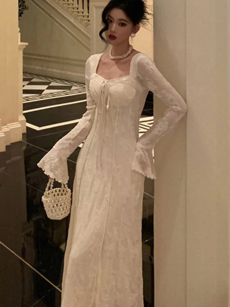 Women’s Solid Midi Dress Flare Sleeves Square Collar A-Line Lace Up Autumn Spring French Elegant Vintage Prom Robe Vestidos New