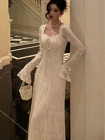 Women’s Solid Midi Dress Flare Sleeves Square Collar A-Line Lace Up Autumn Spring French Elegant Vintage Prom Robe Vestidos New