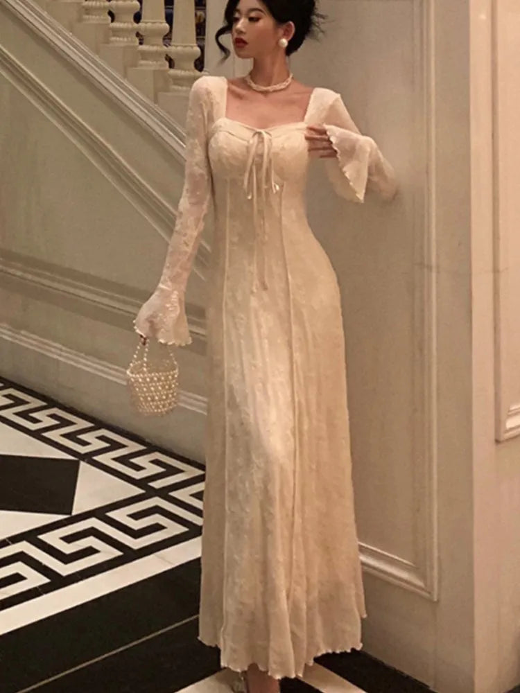 Women’s Solid Midi Dress Flare Sleeves Square Collar A-Line Lace Up Autumn Spring French Elegant Vintage Prom Robe Vestidos New