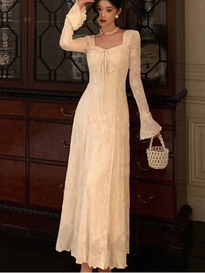 Women’s Solid Midi Dress Flare Sleeves Square Collar A-Line Lace Up Autumn Spring French Elegant Vintage Prom Robe Vestidos New