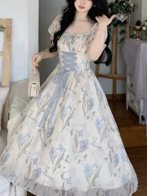 Vestido midi floral Y2K para mujer, estilo kawaii lolita, con cordones, cuello cuadrado, cintura alta, estilo princesa, para fiesta de noche, graduación, nuevo