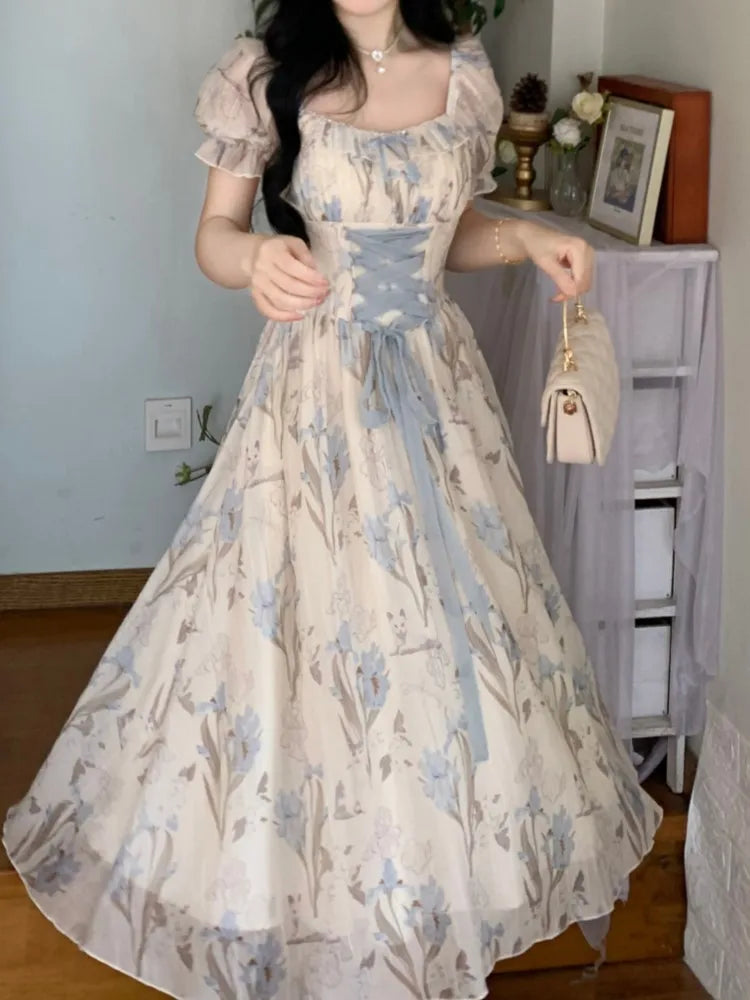 Vestido midi floral Y2K para mujer, estilo kawaii lolita, con cordones, cuello cuadrado, cintura alta, estilo princesa, para fiesta de noche, graduación, nuevo
