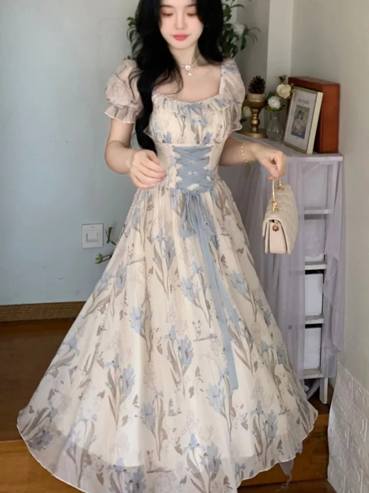Vestido midi floral Y2K para mujer, estilo kawaii lolita, con cordones, cuello cuadrado, cintura alta, estilo princesa, para fiesta de noche, graduación, nuevo