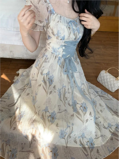 Vestido midi floral Y2K para mujer, estilo kawaii lolita, con cordones, cuello cuadrado, cintura alta, estilo princesa, para fiesta de noche, graduación, nuevo