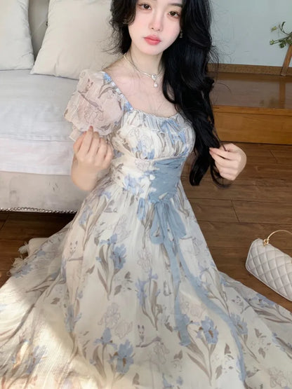 Vestido midi floral Y2K para mujer, estilo kawaii lolita, con cordones, cuello cuadrado, cintura alta, estilo princesa, para fiesta de noche, graduación, nuevo