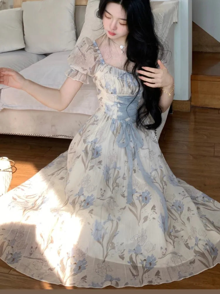 Vestido midi floral Y2K para mujer, estilo kawaii lolita, con cordones, cuello cuadrado, cintura alta, estilo princesa, para fiesta de noche, graduación, nuevo