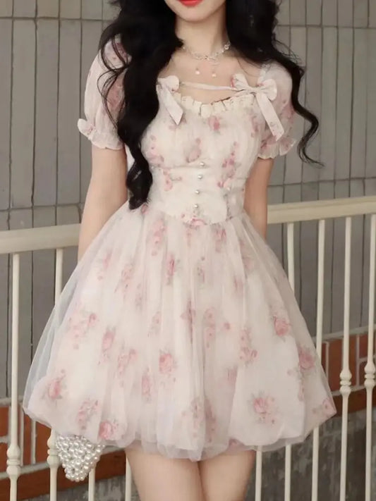 Vestidos cortos con estampado floral Y2K para mujer, vestido de fiesta de cumpleaños Kawaii, cintura alta, corte en A, ajustado, primavera y verano, nuevo vestido de graduación para mujer