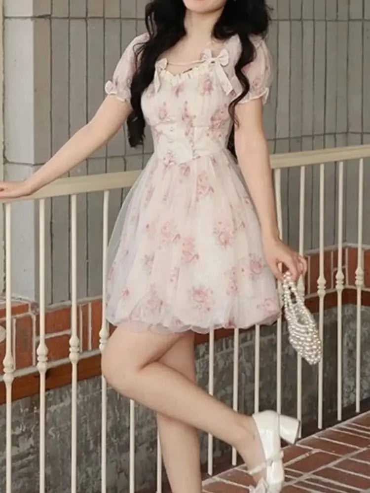 Vestidos cortos con estampado floral Y2K para mujer, vestido de fiesta de cumpleaños Kawaii, cintura alta, corte en A, ajustado, primavera y verano, nuevo vestido de graduación para mujer