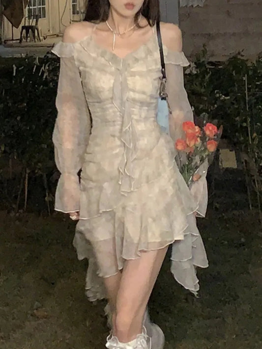 Vestido corto irregular con volantes Y2K para mujer, novedad de verano, con mangas acampanadas y efecto tie-dye, elegante vestido de fiesta de primavera, vestido de graduación, vestido con cuello halter